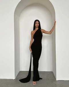 Detail of elegant black one-shoulder evening gown with a long decorative shoulder strap