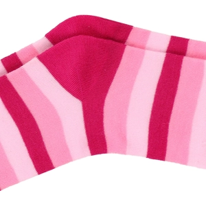 Detailed macro shot of pink striped knit texture on a stretchy knee-high cotton sock