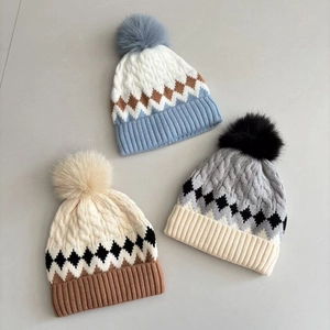 Toddler Kids Beanie Hat Cable Knit Pom Pom Fleece Lined Diamond Pattern Warm Winter Outdoor Accessories For Boys Girls