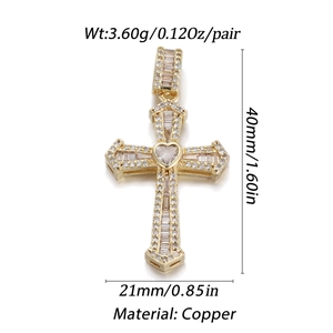 Detailed view of micro-pave zircon cross pendant with dimensions 40x21mm in copper