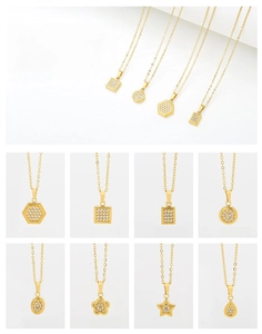 Detail view of 8 gold geometric necklaces with micro-inlaid zircon pendants in various shapes