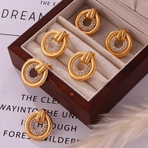 Chic Round Hoop Earrings Stainless Steel Gold Plated Rhinestone Zirconia Inlaid Elegant Minimalist Jewelry For Women