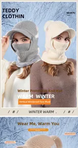Detail of winter knitted thermal hat featuring a built-in mask and thickened plush lining