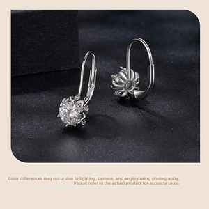 Detailed close-up of S925 sterling silver earrings with round brilliant moissanite stones