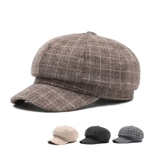 Classic checkered newsboy cap in autumn wool blend with retro plaid pattern for men and women