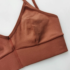 Brown seamless ribbed cotton sports bra with wide elastic band and knitted texture details