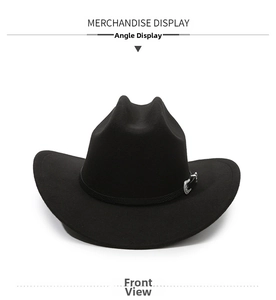 Front view of black felt cowboy hat with woven band and silver engraved buckle detail