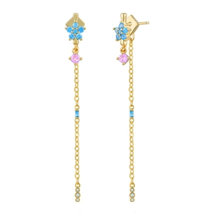 S925 silver needle tassel earrings with blue flower gems and pink zircons on gold chain