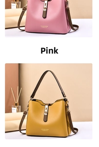 Detailed view of pink and yellow PU leather bucket bags with metal twist locks and contrast straps