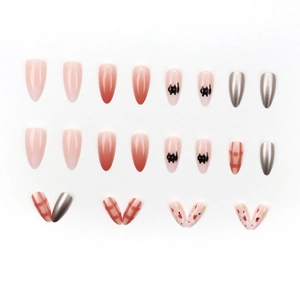 Almond press-on nail kit featuring cat prints, plaid patterns, and silver chrome finish