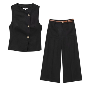 Linen blend black sleeveless vest and wide leg pants set with a brown leather belt