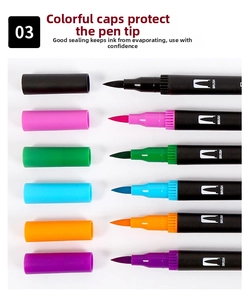 Detail of soft brush tips and airtight caps of dual-tip watercolor markers in six colors