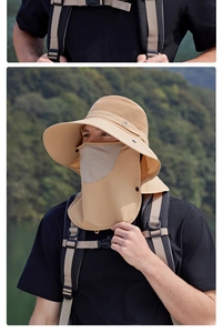 Detail of khaki sun hat featuring breathable mesh crown and detachable neck protection