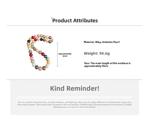 Detail view of multi-color pearl necklace with alloy material and 42cm length specifications
