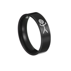 Matte black titanium steel couple ring with funny stickman engraving and inner arc