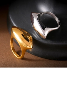 Detailed view of 18k gold-plated geometric oval rings with high-gloss mirror finish