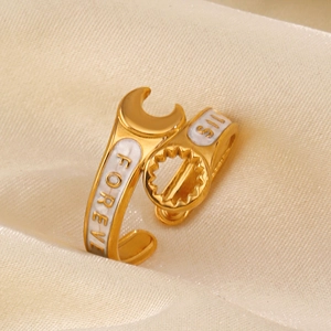 Vintage 18K gold plated stainless steel wrench ring with white enamel and engraving