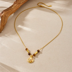 French vintage gold plated necklace with tiger eye beads and colorful stone pendant
