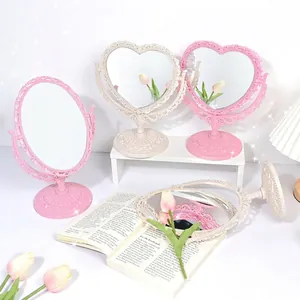 European Vintage Desktop Makeup Mirror Double Sided Heart Oval Embossed Retro Princess Vanity Tabletop Mirror