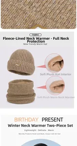 Detail view of winter knitted hat and neck gaiter set with warm fleece lining texture