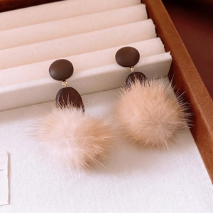 Vintage round wood and fluffy pompom drop earrings in brown and beige tones
