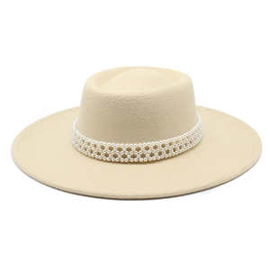 Close-up of cream wool felt hat featuring a decorative white pearl beaded hatband