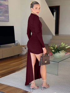 Elegant slim fit wine red long sleeve dress with side drape detail and ruched hip design