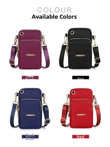 Outdoor nylon crossbody phone bags shown in dark purple, black, dark blue, and red colors