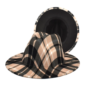 Classic British style plaid fedora hat with wide flat brim and khaki checkered pattern