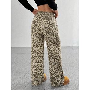 Rear view of leopard print wide leg pants featuring high elastic waist and draped fit