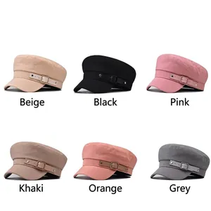 Classic cotton baker boy hats in six assorted colors with decorative side buckle detail
