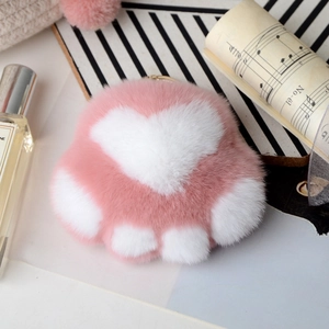 Pink and white rex rabbit fur cat paw plush keychain charm for bags and car keys