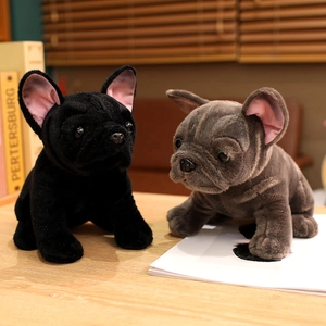 Cute French Bulldog plush toys in black and grey, set of two on a wooden desk