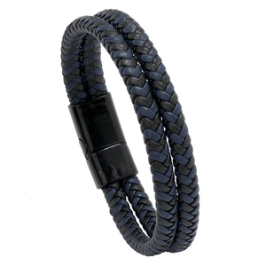 Bracciale minimalista in pelle intrecciata nera e blu con chiusura magnetica elegante