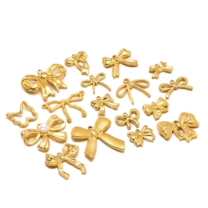 Golden stainless steel bow pendants with pearls for DIY necklaces and jewelry making