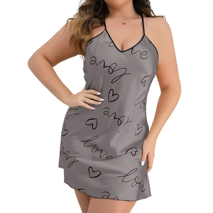 Plus size mauve satin slip dress with love print and thin black straps for women