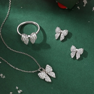 Exquisite 925 sterling silver bow jewelry set with zircon ring necklace and earrings