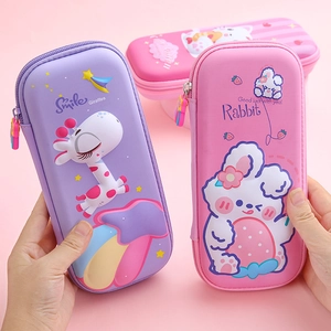 Cute 3D EVA hard shell pencil case for children featuring giraffe and rabbit relief