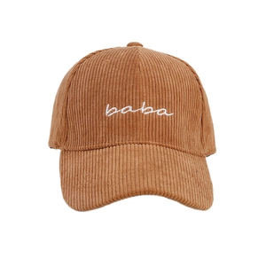 Classic caramel corduroy baseball cap with white baba embroidery on a clean background