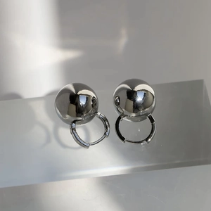 Macro detail of high-polish silver geometric sphere hoop earrings on a clear display