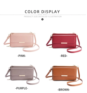 Women's long wallet and crossbody phone bag shown in pink, red, purple, and brown colors