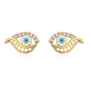 Detailed view of 18K gold evil eye stud earrings with blue enamel and zircon stones