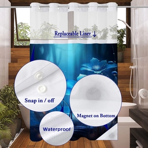 Waterproof shower curtain detail showing the replaceable snap-in liner and bottom magnets