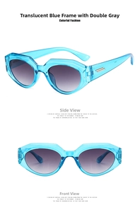 Detail view showing transparent blue irregular frames and gray gradient lenses of sunglasses