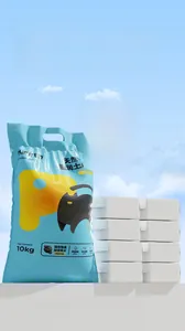 Macro detail of 10kg natural sodium bentonite cat litter granules in a blue woven sack
