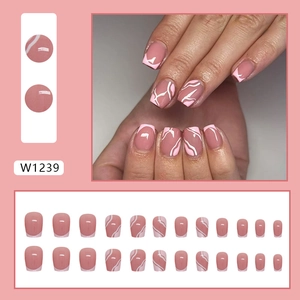 Short ballet press-on nails with pink marble pattern and white French wave design