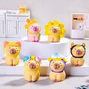 Set of six mini resin Capybara figures with diverse creative costumes on a display stand