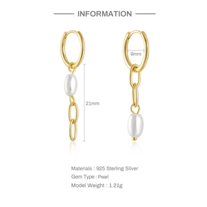 Macro view of S925 sterling silver pearl chain earrings with size info and dimensions