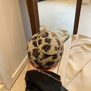 Mini leopard print plush ball crossbody bag with gold rhinestone ring handle and chain