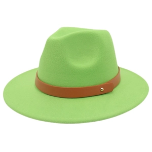 Classic bright green wool fedora hat with brown leather belt and gold metal stud